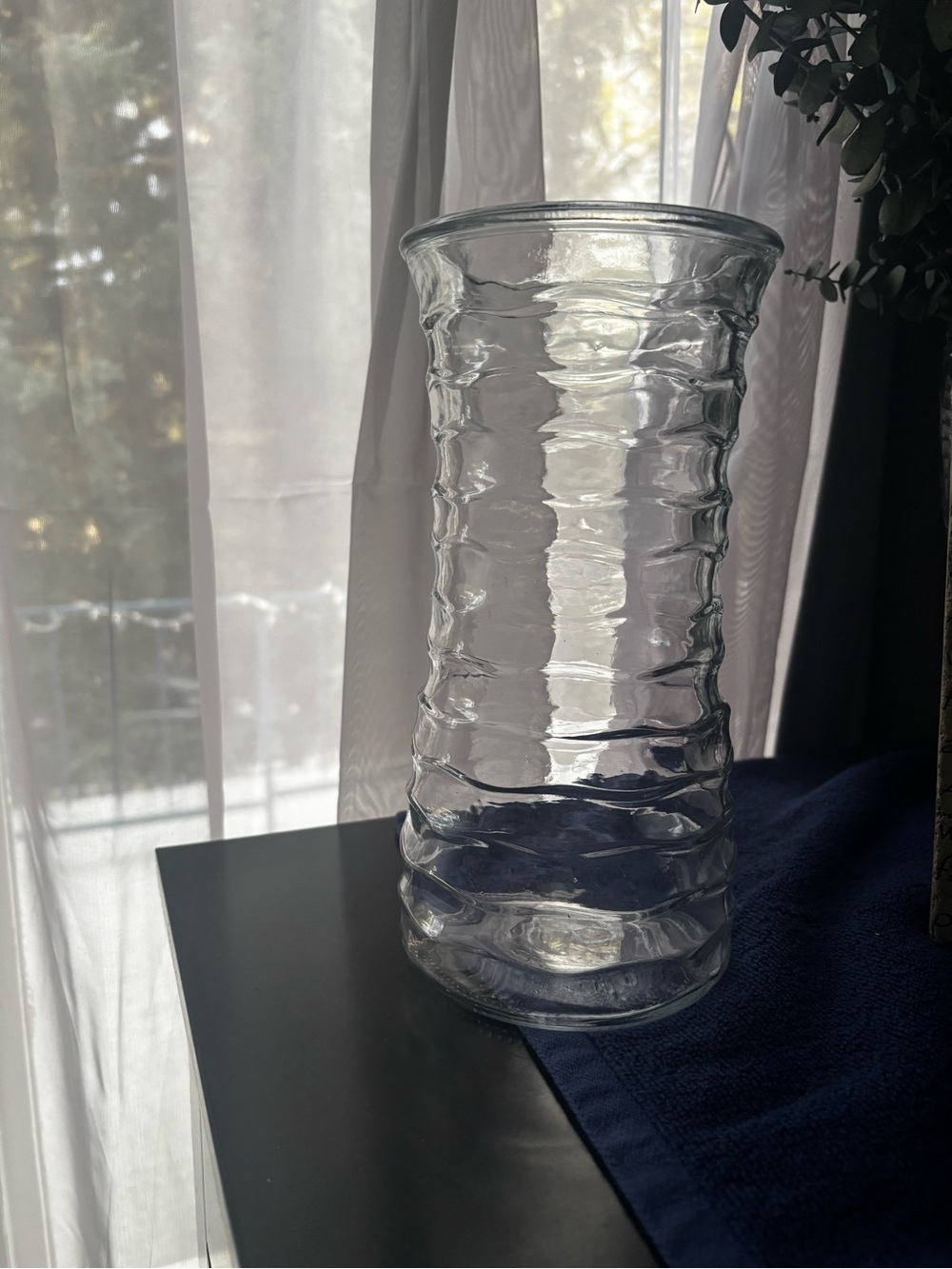 Vintage Horizontal Ribbed Clear Glass Gathering Vase - 9.5” x 5” Heavy Molded Sw